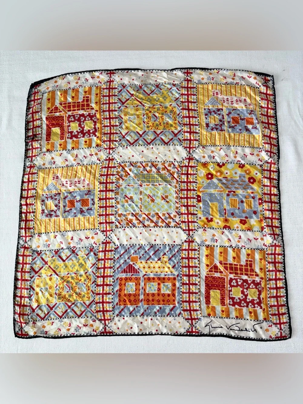 Vintage 80s Gloria Vanderbilt signature silk scarf Italy house cute cottages 25”